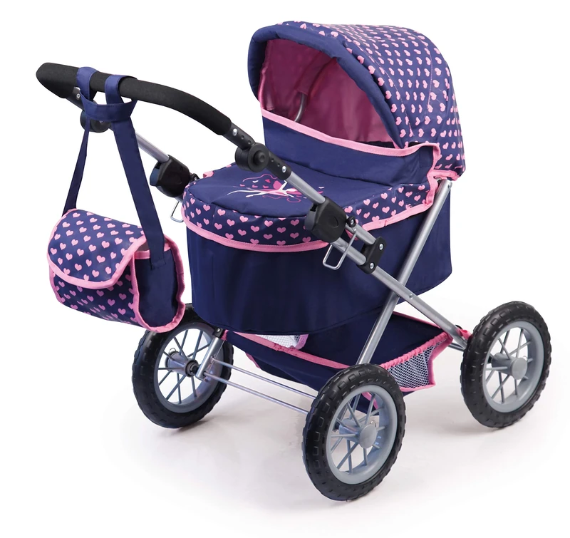 Bayer Design 13052AA dolls pram Trendy, with bag, height-adjustable handle, foldable, big wheels, Blue, Pink
