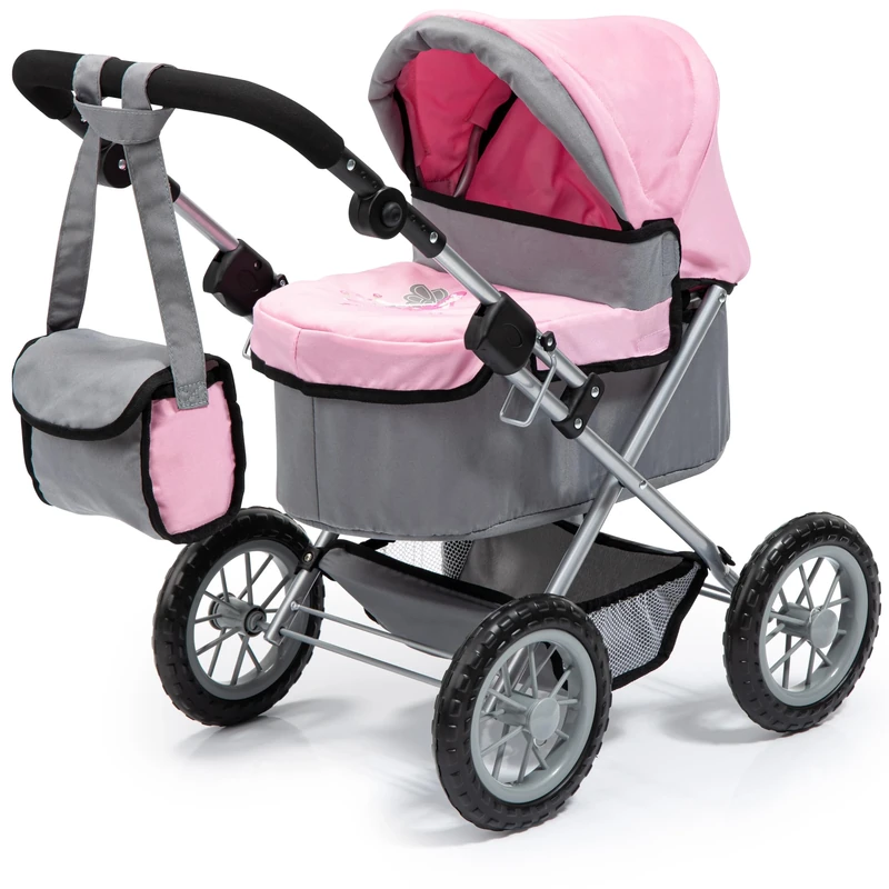 Bayer Trendy Baby Dolls Pram - Foldable Pushchair for Doll Up to 46cm, Height Adjustable, Storage Basket - Dolls Pram for 3 Year Olds, Girls, Boys, Toddler Toy 3-6 Years - Fairy Grey, Pink Stroller