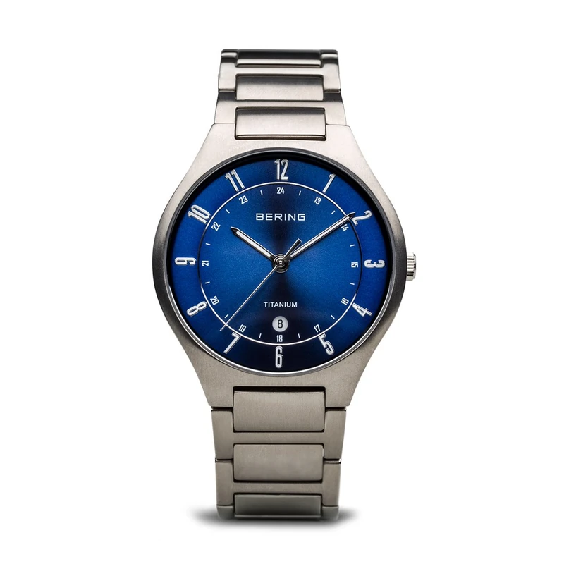 BERING Men Analog Quartz titanium collection Watch with Titan Strap and Sapphire Crystal 11739-707, Silver/Blue, 39