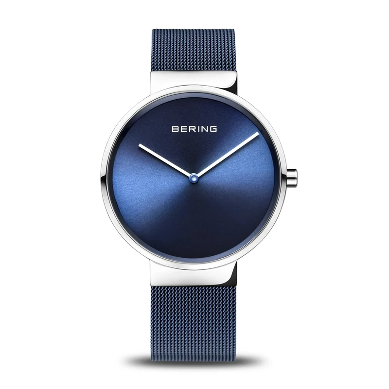 BERING Unisex Analog Quartz Classic Collection Watch with stainless steel Strap and Sapphire Crystal 14539-307, Silver/Blue, 39 mm