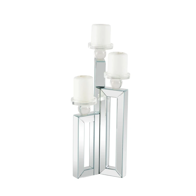 Deco 79 Wood Pillar 3 Plate Candle Holder with Mirrored Accents, 7" x 7" x 21", Silver