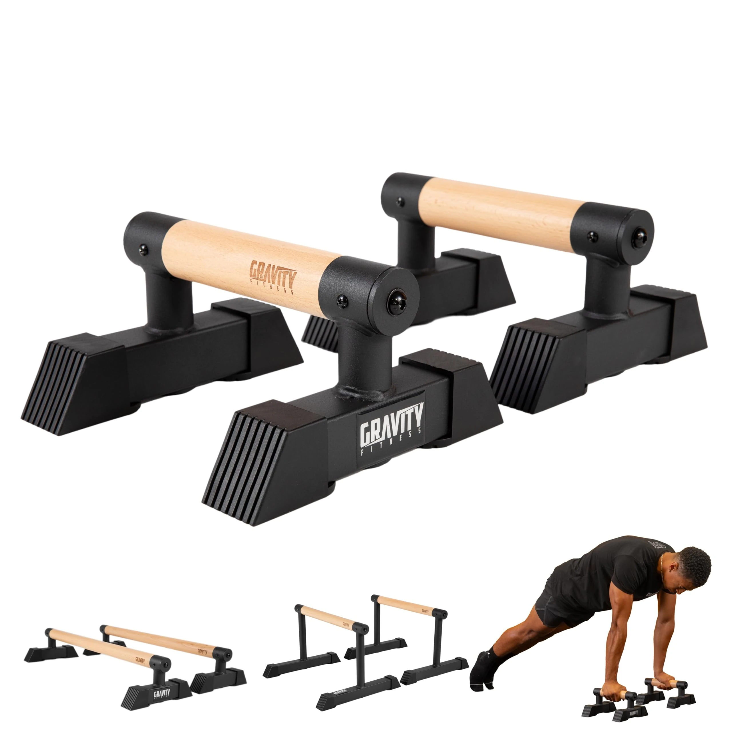 Gravity Fitness Small Parallettes Bars with Hybrid Wooden Handles, Stable for Calisthenics, CrossFit, Gymnastics, Bodyweight Training, Portable & Lightweight for Home or Commercial Gym