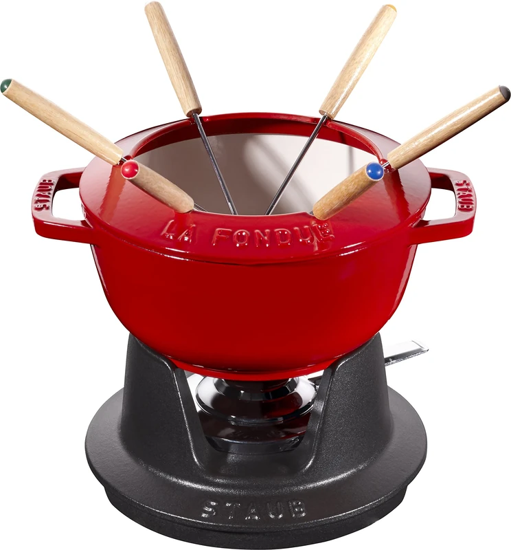 Staub Fondue Set with 6 Forks, Suitable for Cheese, Chocolate and Meat Fondue, Cast Iron, Cherry Red, 18 cm