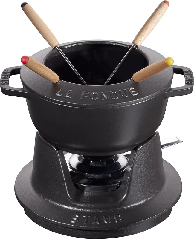 Staub Fondue Set with 4 Forks, Suitable for Cheese, Chocolate and Meat Fondue, Cast Iron, Black, 16 cm
