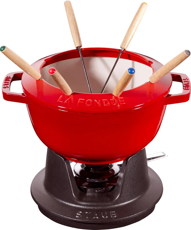 Staub Fondue Set with 6 Forks, Suitable for Cheese, Chocolate and Meat Fondue, Cast Iron, Cherry Red, 20 cm