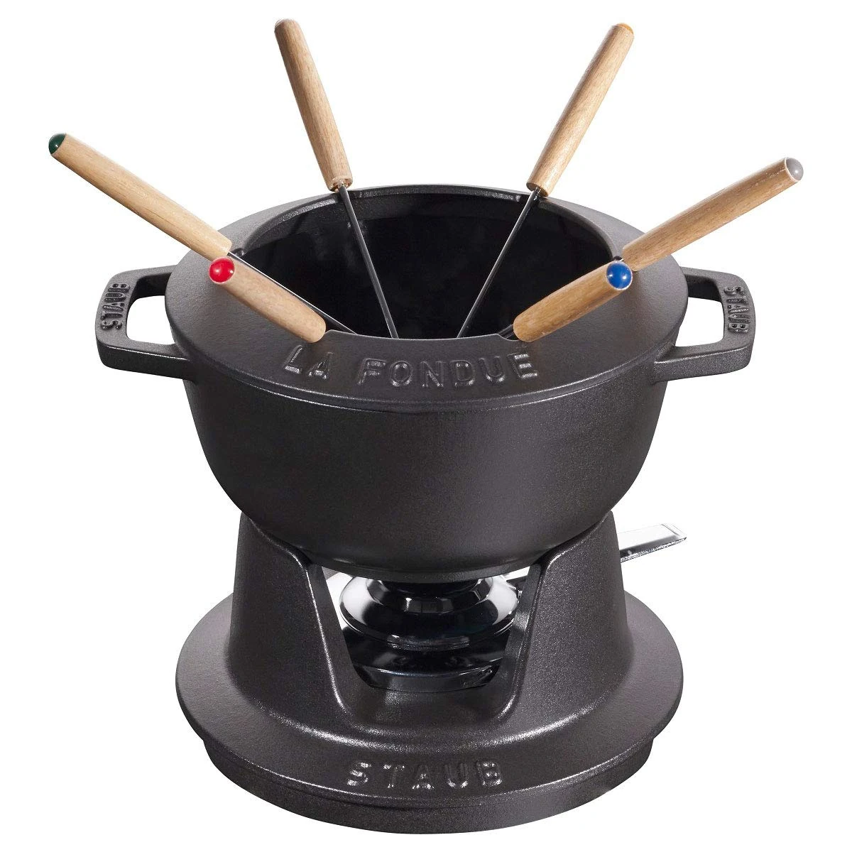 Staub Fondue Set with 6 Forks, Suitable for Cheese, Chocolate and Meat Fondue, Cast Iron, Black, 18 cm