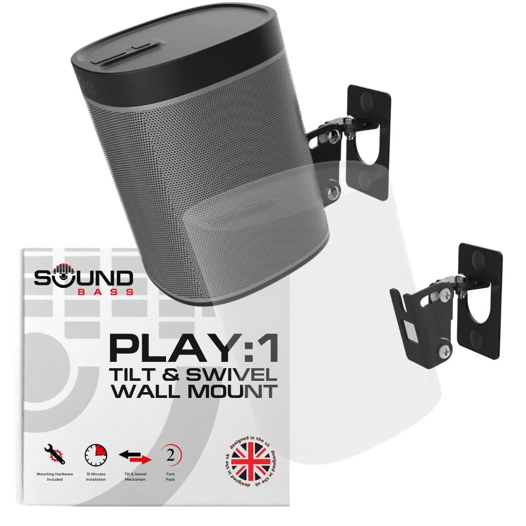 Sound bass Play 1 Wall Mount Black Pair Compatible with Sonos Play:1 Only, Twin Pack, Adjustable Swivel & Tilt Mechanism, 2 Mounting Brackets Includes All Fixings