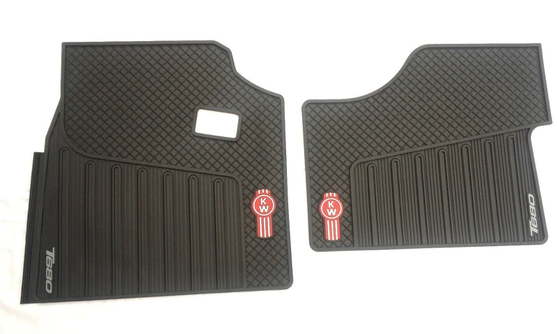 Kenworth OEM T680 Black Rubber Floor Mats w/Red Logo Fits 2013-2018 - All-Weather/Terrain