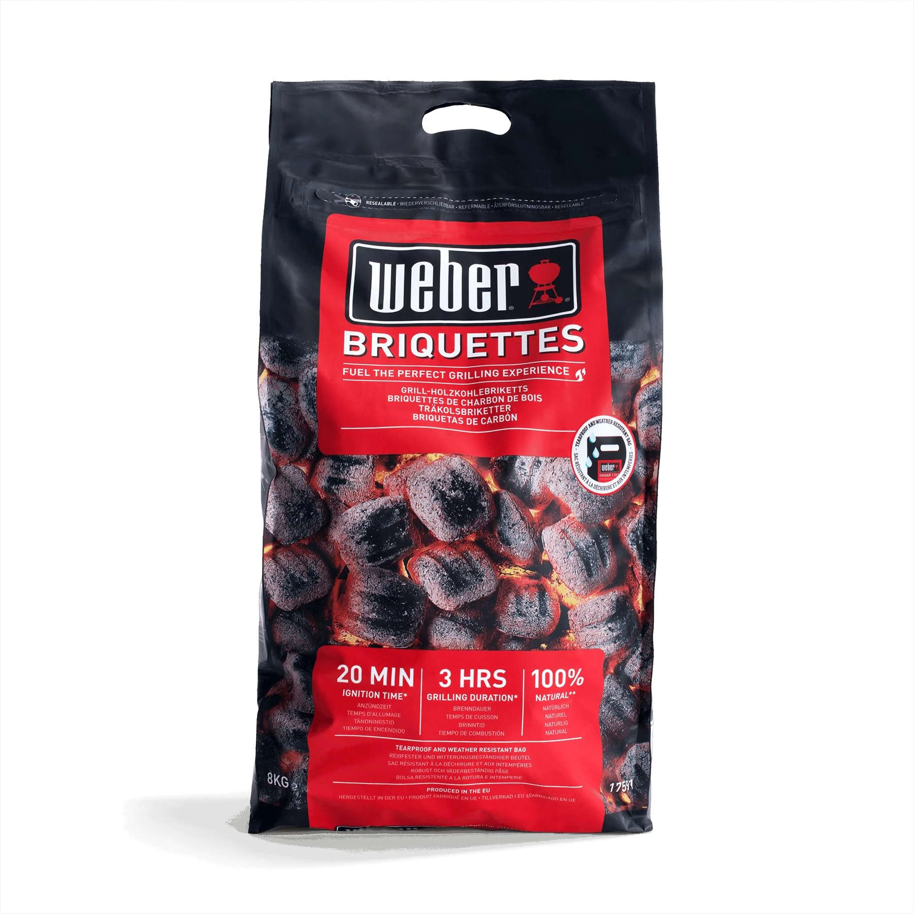 Weber Grill Briquettes (8kg bag), for long and consistent heat, ideal for longer grilling of grill food, 100% natural wood, EU product, sustainably sourced, FSC certified (17591)