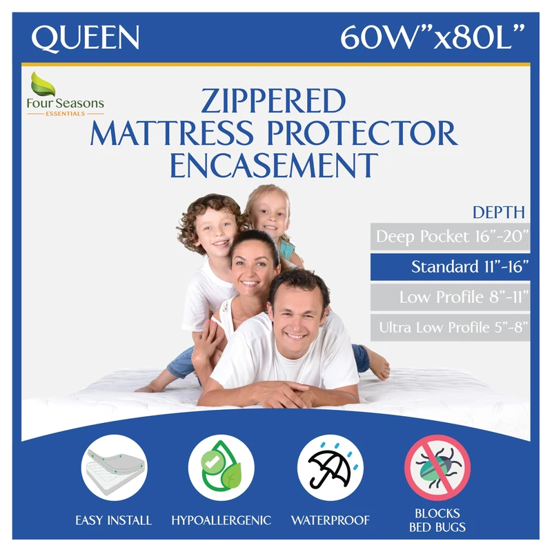 Four Seasons Essentials Queen Mattress Protector - Zippered Bedbug Waterproof Mattress Cover, Premium Quality Hypoallergenic Bed Encasement White