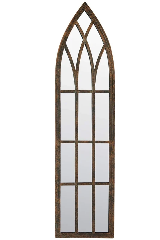 MirrorOutlet Metal Rustic Outdoor Garden Mirror- Gothic Arch Slimline Mirror 100 x 24 Brown