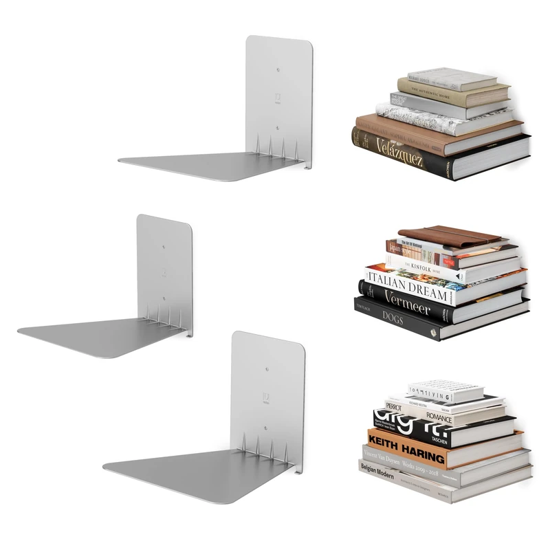 Umbra Conceal, Sturdy Metal Floating Bookshelf for Wall, Silver, Large, Set of 3