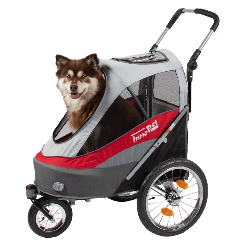 InnoPet Sporty Dog Trailer Deluxe - Red/White Pet Stroller & Bike Trailer Combo for Dogs up to 30kg, with Rain Cover, Pneumatic Tires, Bike Tow Bar Included, Storage Pocket & Reflector Set