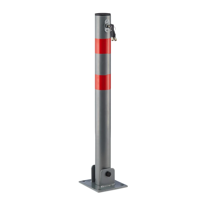 Relaxdays Round Parking Barrier 64 cm Tall Barrier Post to Block Parking Space, Folding Bollard Locking Pole with 3 Keys Car Parking Spot of Steel with Red Warning Marks, Grey