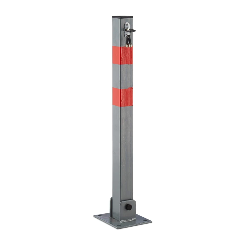 Relaxdays Square-Shaped Parking Barrier 64 cm Tall Barrier Post to Block Parking Space, Folding Bollard Locking Pole with 3 Keys Car Parking Spot of Steel with Red Warning Marks, Grey
