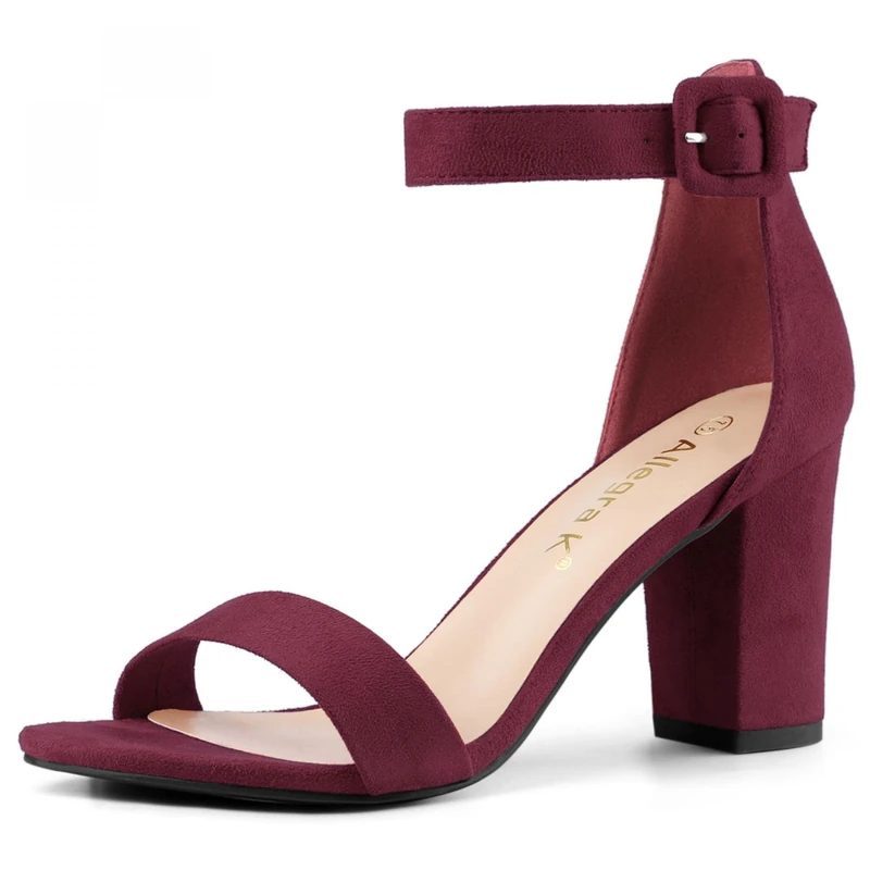 Allegra K Women's Chunky High Heel Ankle Buckle Strap Sandals Burgundy 4 UK/Label Size 6 US