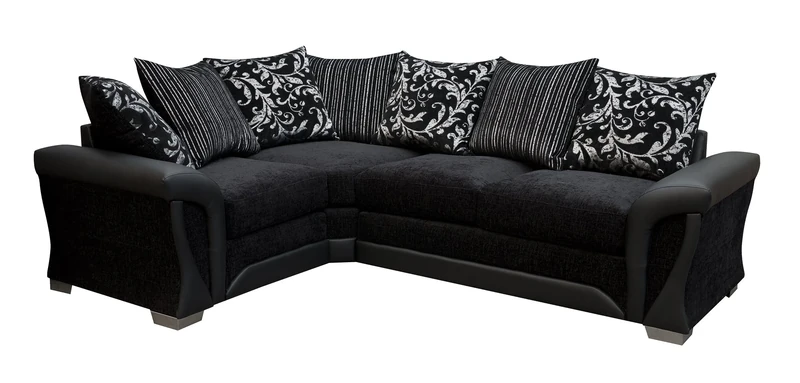 Sofas and More Sharon Fabric Corner Sofa Black Chenille Leather Left Hand Side Living Room Suite (Black)