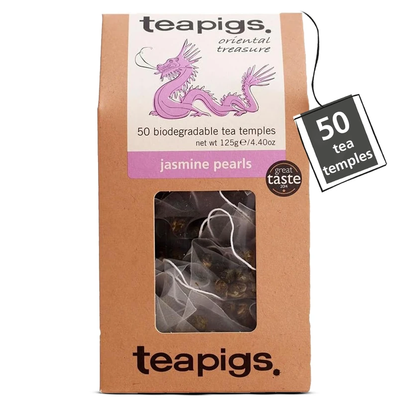 teapigs Jasmine Tea Bags - Hand-Rolled Chinese Green Tea with Fresh Jasmine Flowers - Caffeinated & Refreshing - Great Taste Award-Winning - 50 Eco-Friendly Biodegradable Tea Temples (1 Pack)