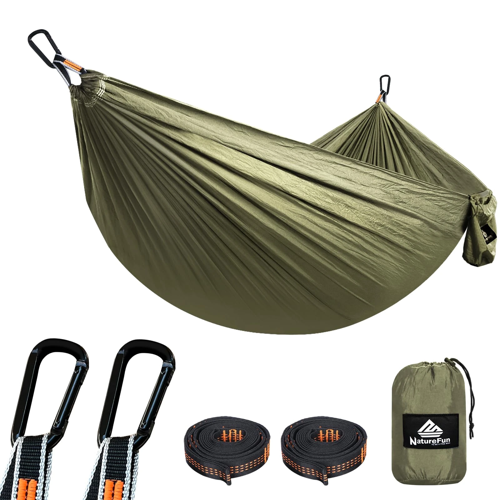 NATUREFUN Ultra-Light Travel Camping Hammock | 300kg Load Capacity,(275 x 140 cm) Breathable,Quick-drying Parachute Nylon | 2 x Premium Carabiners,2 x Nylon Slings Included | Outdoor Indoor Garden