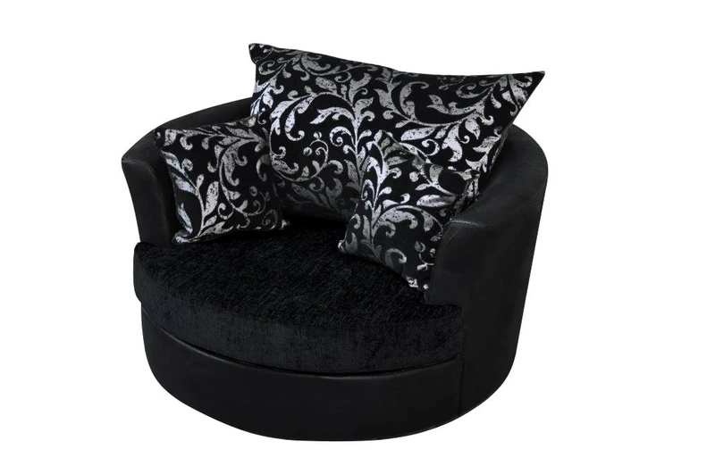 Sofas and More Large Swivel Round Cuddle Chair Fabric Chenille Leather Designer Scatter Cushions (Black)