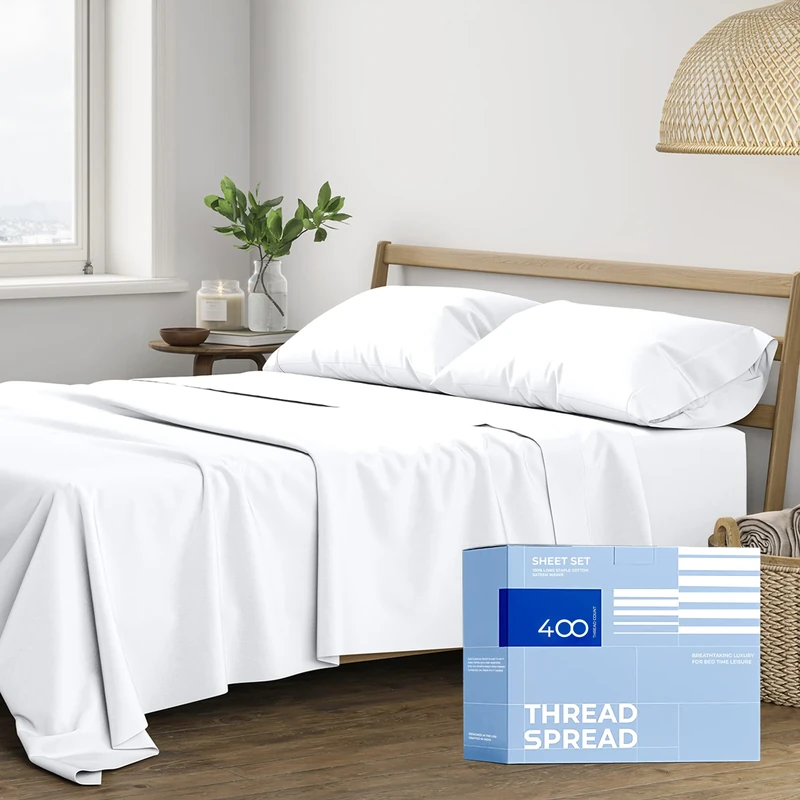 Cotton King Size Sheet Set - 4 Piece Set - Hotel Luxury Bed Sheets - Deep Pocket - Easy Fit - Breathable Cooling Sheets - Comfy - 400 Thread Count Sateen Weave White Bedsheets - Kings Sheets