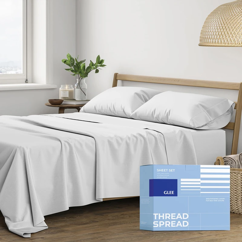 THREAD SPREAD Egyptian Cotton Sheets Queen Size - Luxury Queen Sheets 400 Thread Count (4 PC, Silver), Soft, Breathable, Cooling, Sateen Weave 16" Deep Pocket Long Staple Cotton Bed Sheet Set