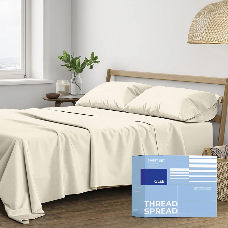 THREAD SPREAD Egyptian Cotton Sheets Queen Size - Luxury Queen Sheets 400 Thread Count (4 PC, Ivory), Soft, Breathable, Cooling, Sateen Weave 16" Deep Pocket Long Staple Cotton Bed Sheet Set
