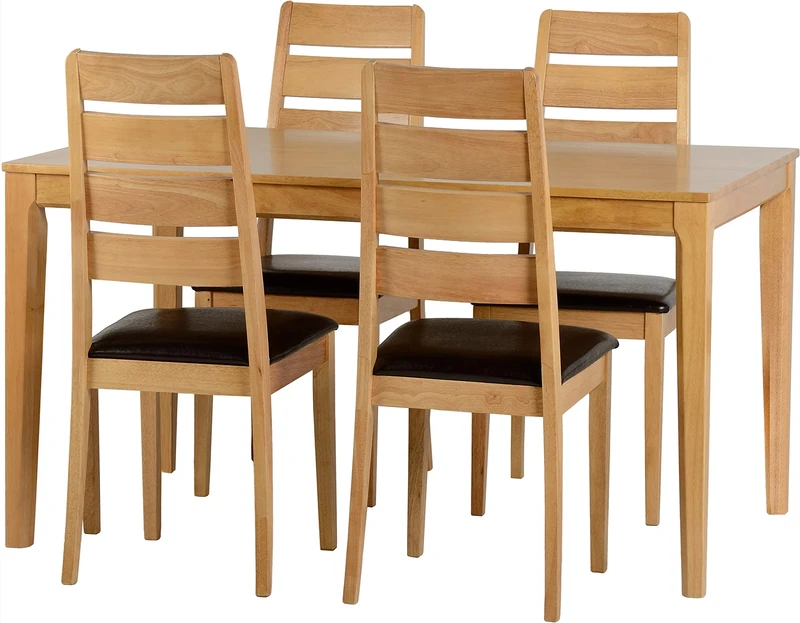 Seconique Logan Small Dining Set with 4 Dining Chairs in Oak Varnish/Brown Pu