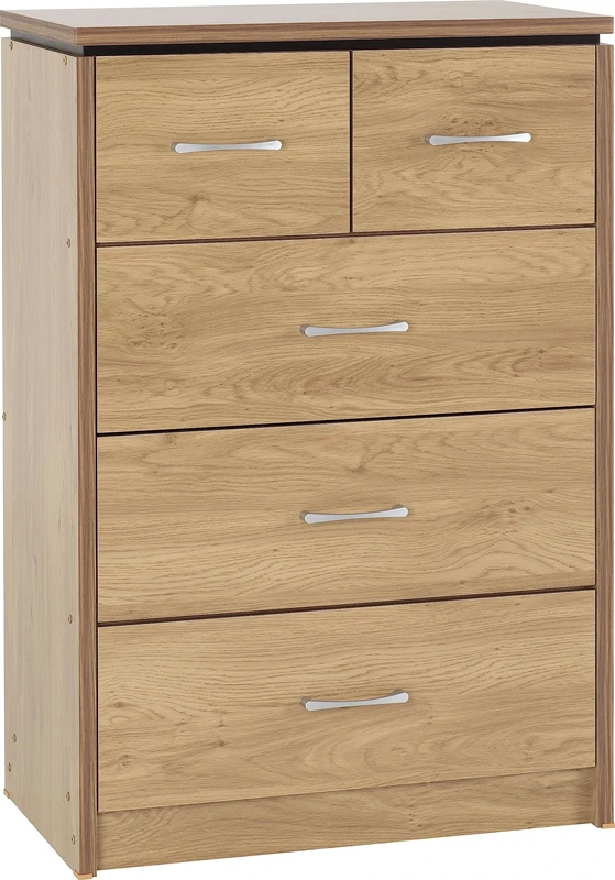 Seconique Charles 3+2 Drawer Chest - Oak Effect Veneer with Walnut Trim
