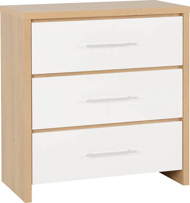 Seconique Seville 3 Drawer Chest in White Gloss/Light Oak Effect Veneer
