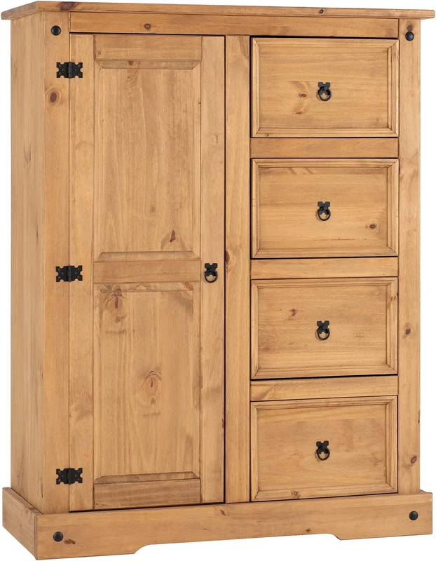 Seconique Corona 1 Door 4 Drawer Low Wardrobe in Distressed Waxed Pine