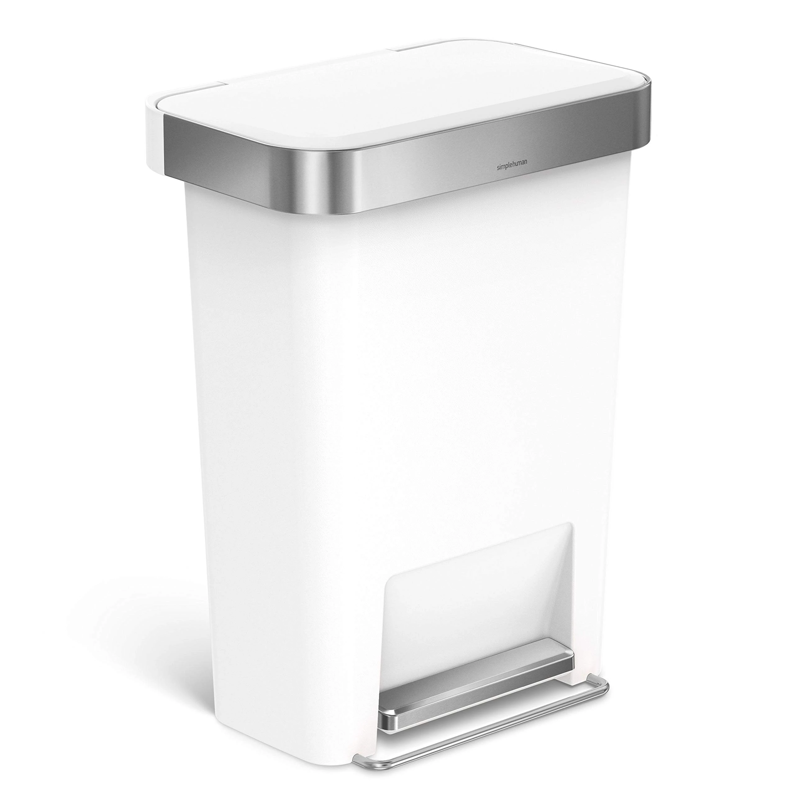 simplehuman 45L Rectangular Pedal Bin with Liner Pocket, Silent Soft Close Lid, Strong Wide Steel Pedal, White Plastic CW1387CB