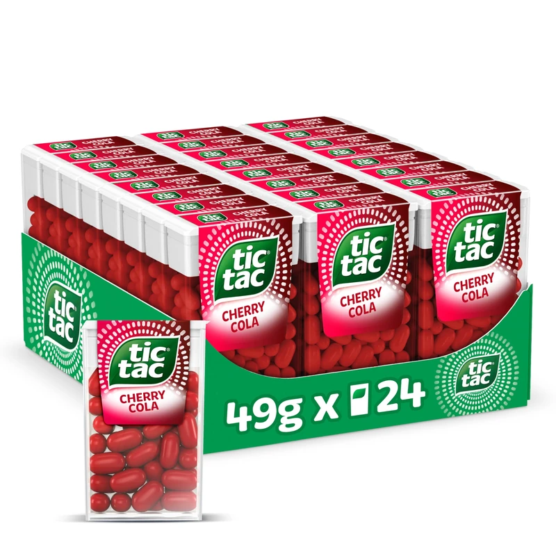 Tic Tac Mixers Cherry Cola Sweets, Travel Essentials, Party Bags, Tic Tacs, Bulk Box of 24 x 49g Packs