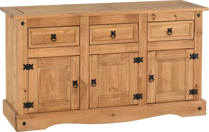Seconique Corona 3 Door 3 Drawer Sideboard in Distressed Waxed Pine