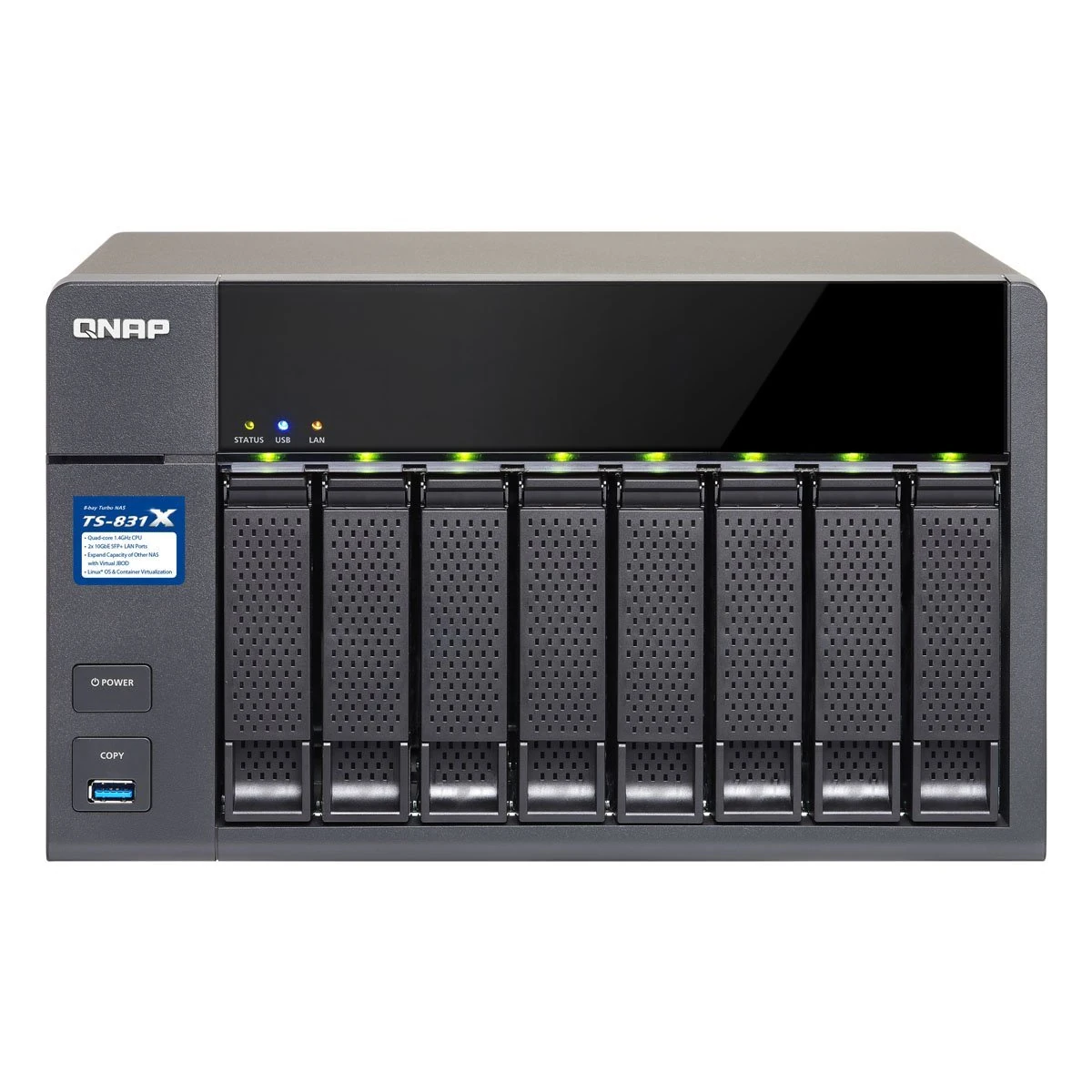 QNAP TS-831X Ethernet LAN Desktop Black NAS – Storage Servers (HDD, SSD, Serial ATA III, 2.5/3.5 inches, 0, 1, 5, 6, 10, JBOD, FAT32, HFS+, NTFS, ext3, ext4, 1.4 GHz)