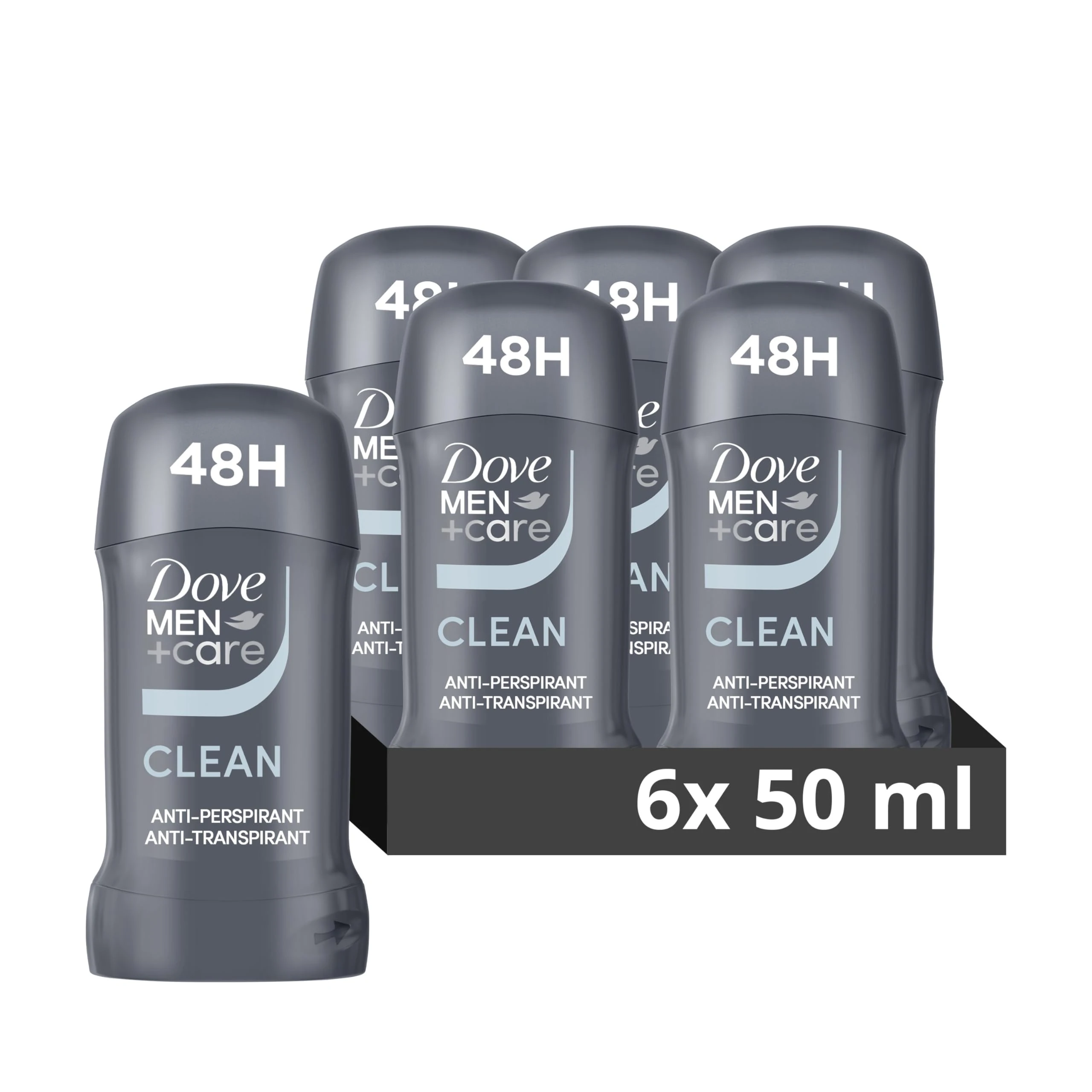 Dove Men+Care Clean Comfort with ¼ moisturising cream Men's Antiperspirant Deodorant Stick for 48 hour protection against sweat and odour 50 ml, Pack of 6