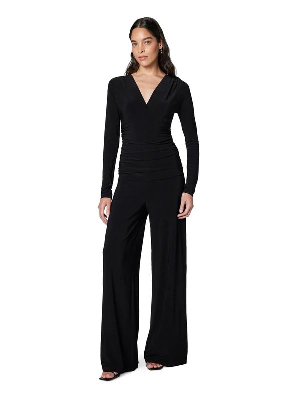 Norma Kamali Women's V Neck Longsleeve Shirred Waist Jumpsuit, Black, S