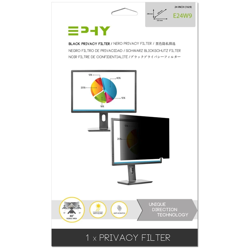 EPHY E24W9 Privacy Filter/Anti-Glare/Screen Protector for Laptop TFT Monitor Desktop PC LCD LED Screen - (24" 16:9-531mm x 298mm)