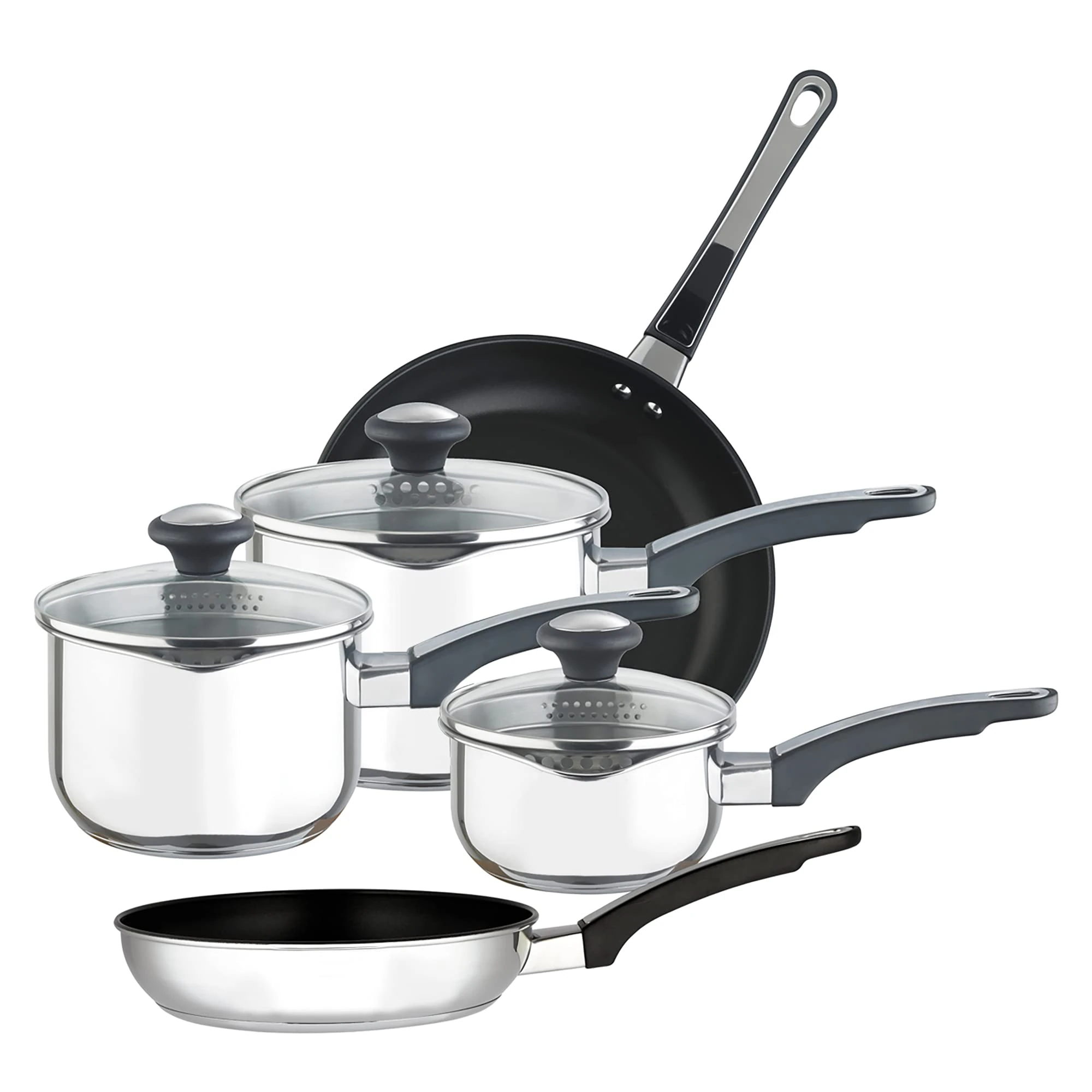 Prestige Stainless Steel Non Stick Pots and Pans Set of 5 - Suitable as Induction Hob Pan Set with Straining Lids & Pouring Lips, Dishwasher Safe, Oven Safe, Durable Cookware, Black/Silver