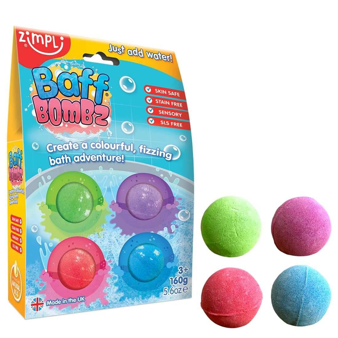 4 x Bath Bombs from Zimpli Kids, Perfect Children's Bath Fizzies Gift Set, Bath Sets Bombs, Christmas Toy, Children’s Stocking Filler
