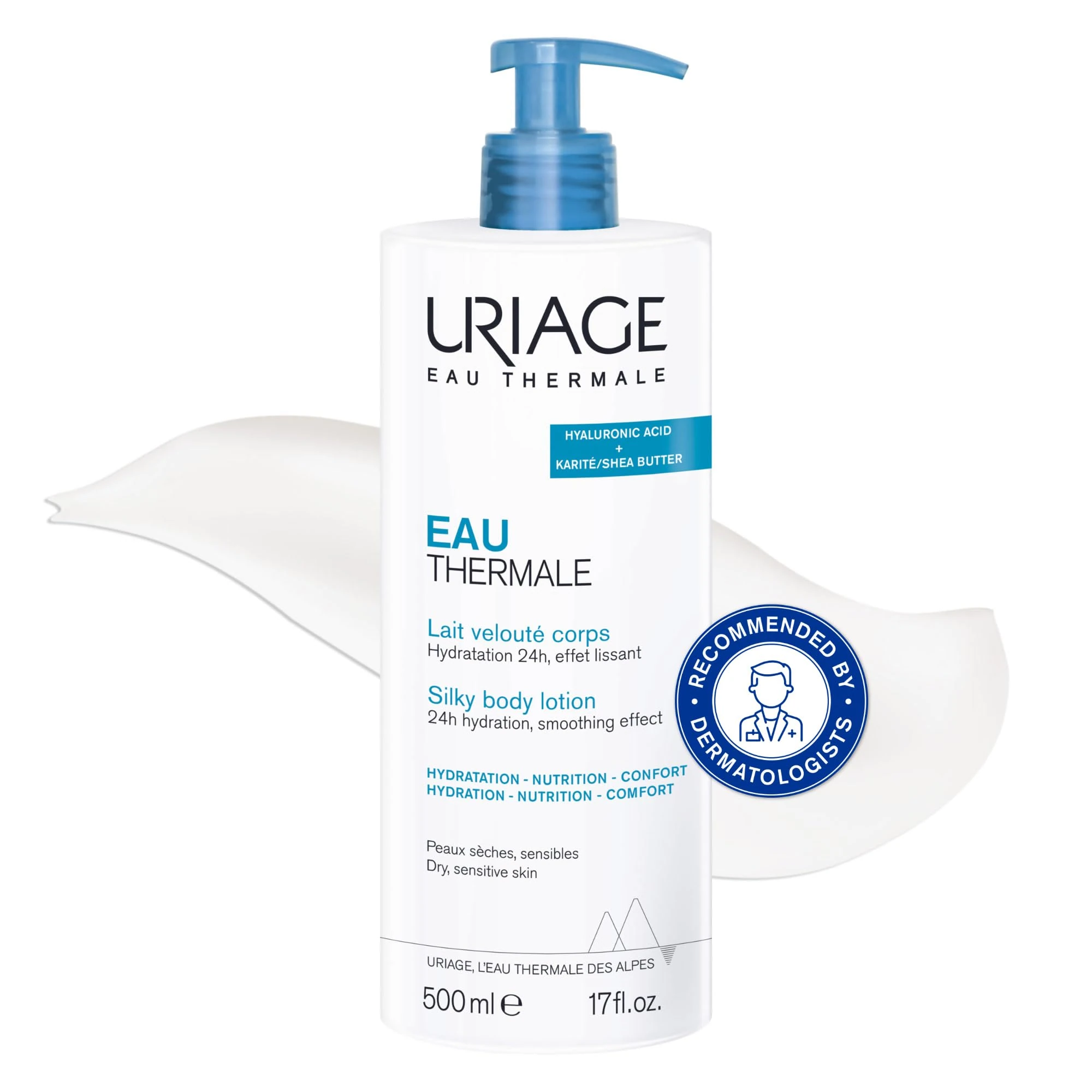 Uriage Eau Thermale Silky Moisturizing Body Lotion 500ml - With Shea Butter & Hyaluronic Acid - Intense 24h Hydration - Light Non - Greasy Texture & Lovely Floral Scent - Paraben-free