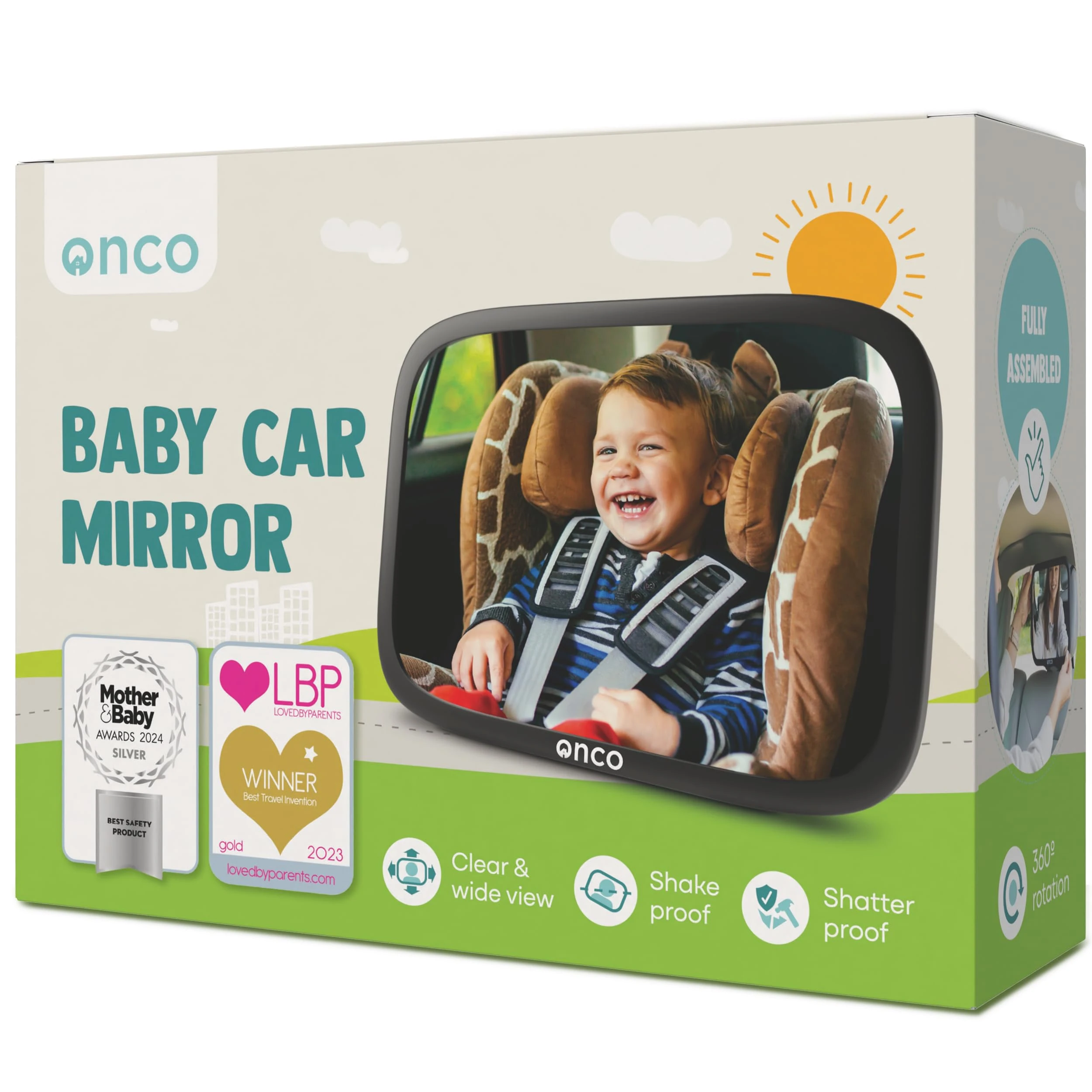 Onco Baby Car Mirror - 100% Shatterproof & Shakeproof, Award-Winning Car Mirror Baby Rear View, Non-Slip with 360° Rotation, Newborn Essentials