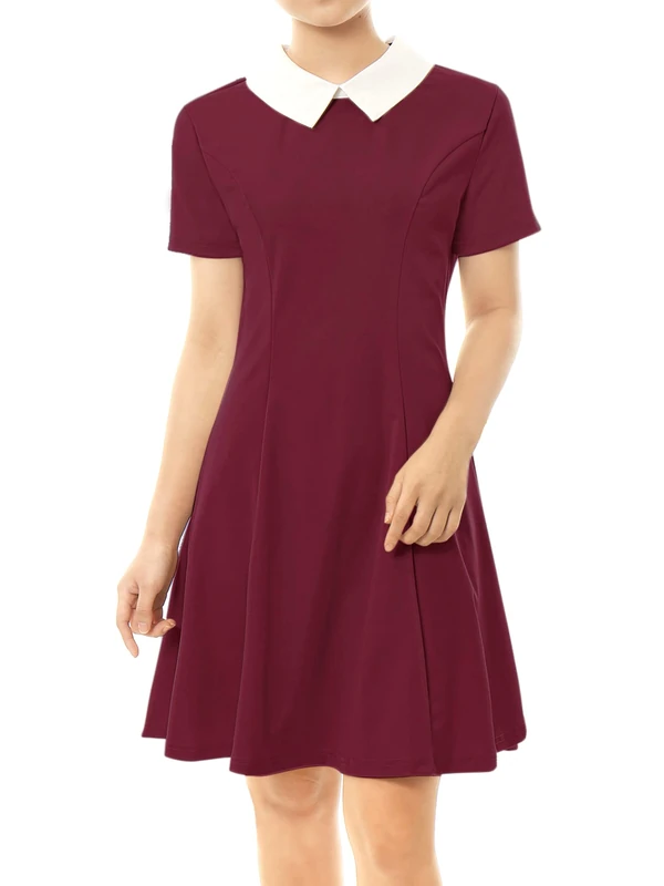 Allegra K Women's Peter Pan Contrast Doll Collar Short Sleeves Above Knee Flare Dress Burgundy XS-4