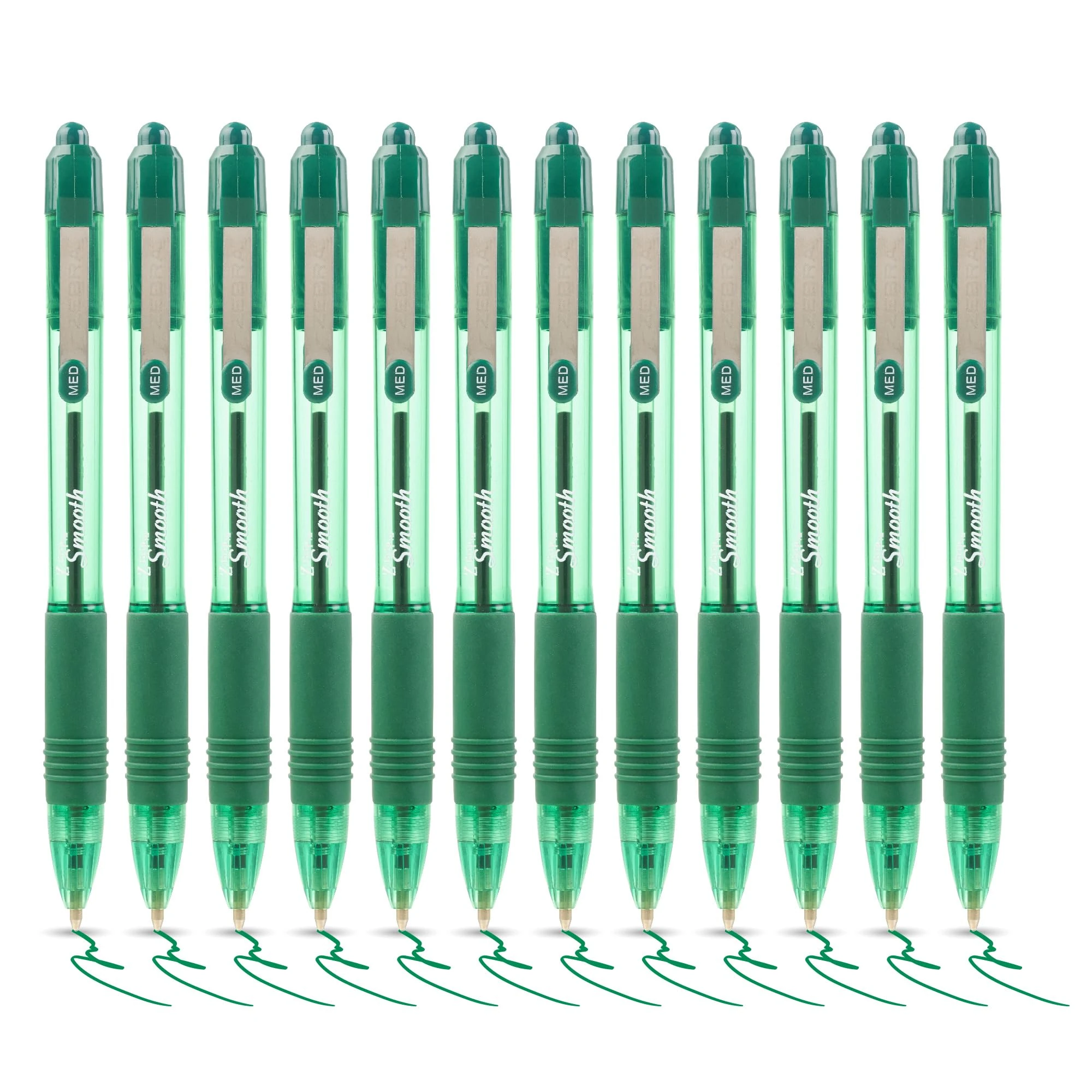 Zebra Pen Z Grip Green Pens Ballpoint, Smooth & Comfortable Ballpoint Pens with Pocket Clip, Retractable Ballpoint Pens with Green Ink, Reliable Biro Pens Multipack for Everyday Use - Med Point, 12pk