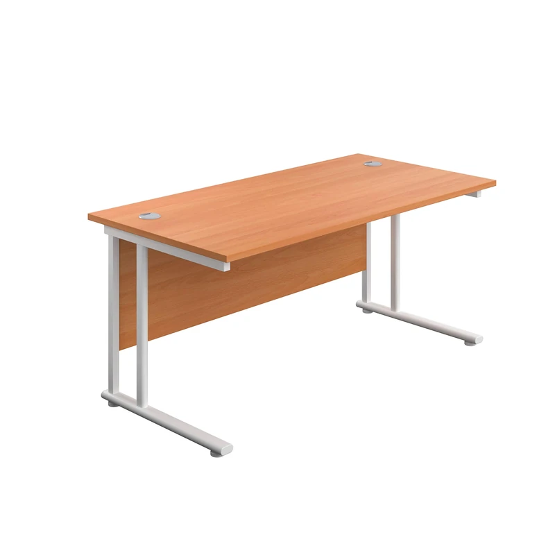 Office Hippo Heavy Duty Rectangular Cantilever Office Desk, Home Office Desk, Office Table, Integrated Cable Ports, PC Desk For Office or Home, 5 Yr Wty - White Frame/Beech Top, 140cm x 80cm
