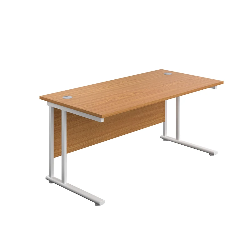 Office Hippo Heavy Duty Rectangular Cantilever Office Desk, Home Office Desk, Office Table, Integrated Cable Ports, PC Desk For Office or Home, 5 Yr Wty - White Frame/Oak Top, 160cm x 80cm - Image 1