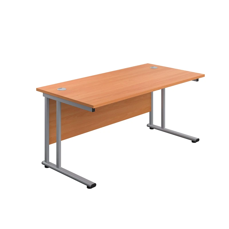 Office Hippo Heavy Duty Rectangular Cantilever Office Desk, Home Office Desk, Office Table, Integrated Cable Ports, PC Desk For Office or Home, 5 Yr Wty - Silver Frame/Beech Top, 180cm x 80cm