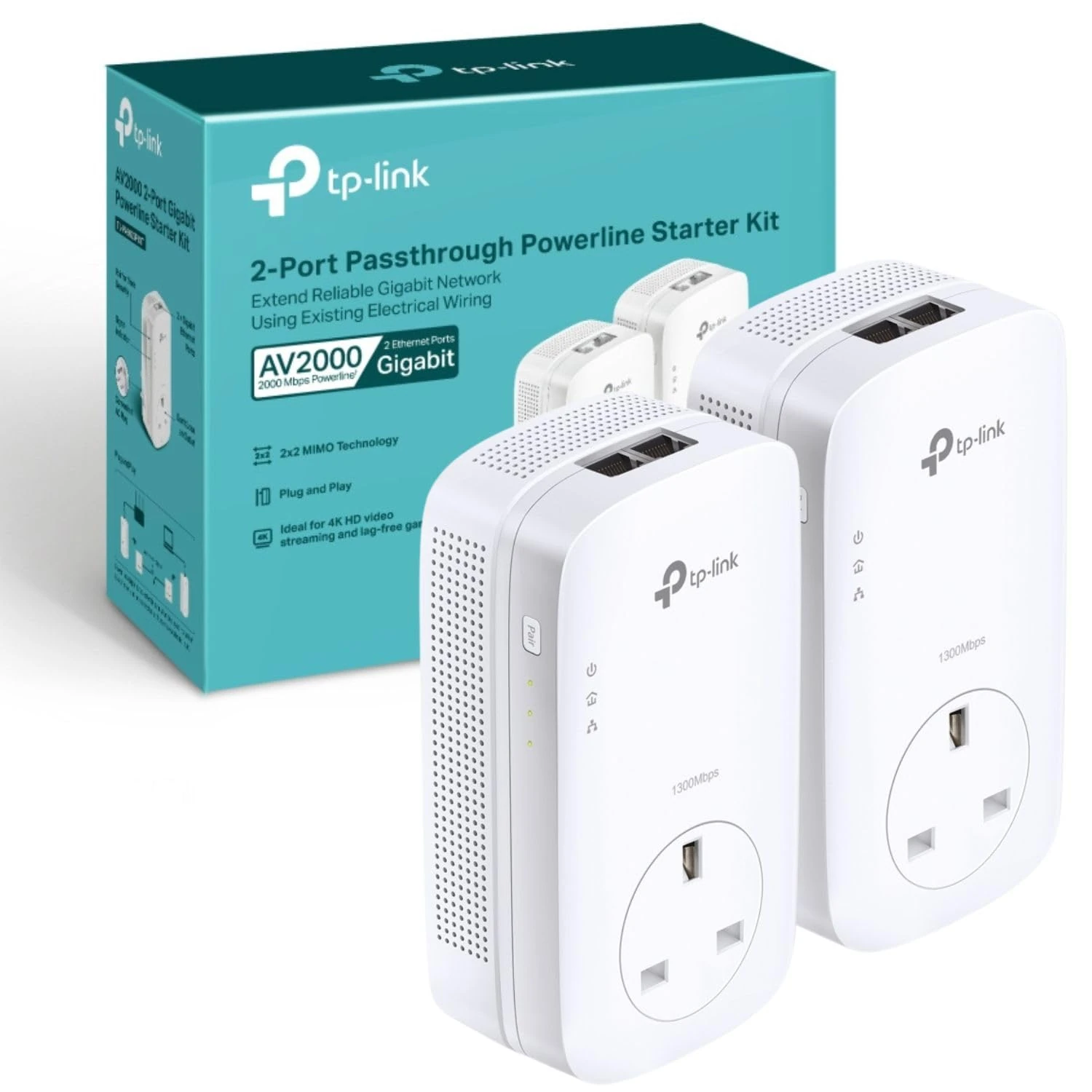 TP-Link TL-PA9020PKIT 2-Port Gigabit Passthrough Powerline Adapter Starter Kit, 2X2 MIMO, Powerline Network Adapters Speed up to 2000Mbps, 4K HD Video Streaming and Online Gaming, Plug and Play