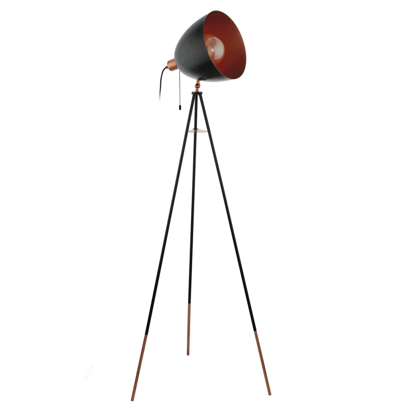 Eglo Tripod Floor Lamp Chester, 1 Bulb Vintage Standing Lamp, Made of Steel, Colour: Black, Copper, Socket: E27, incl. Pull Switch