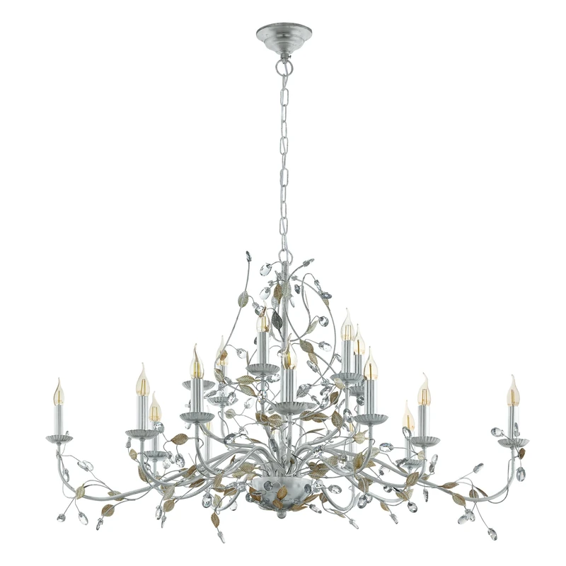 EGLO Crystal chandelier Flitwick 1, 15 lamp vintage pendant lighting, ceiling light fitting in leaf design, hanging lamp made of silver coloured steel, E14 socket